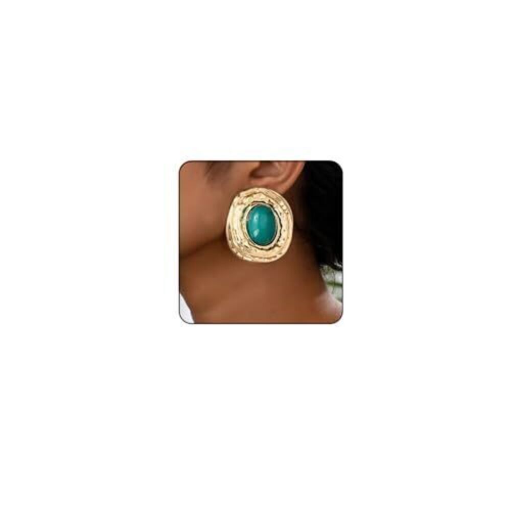 5011 Chunky Turquoise Gold Earrings Vintage Extra Big Oval Statement